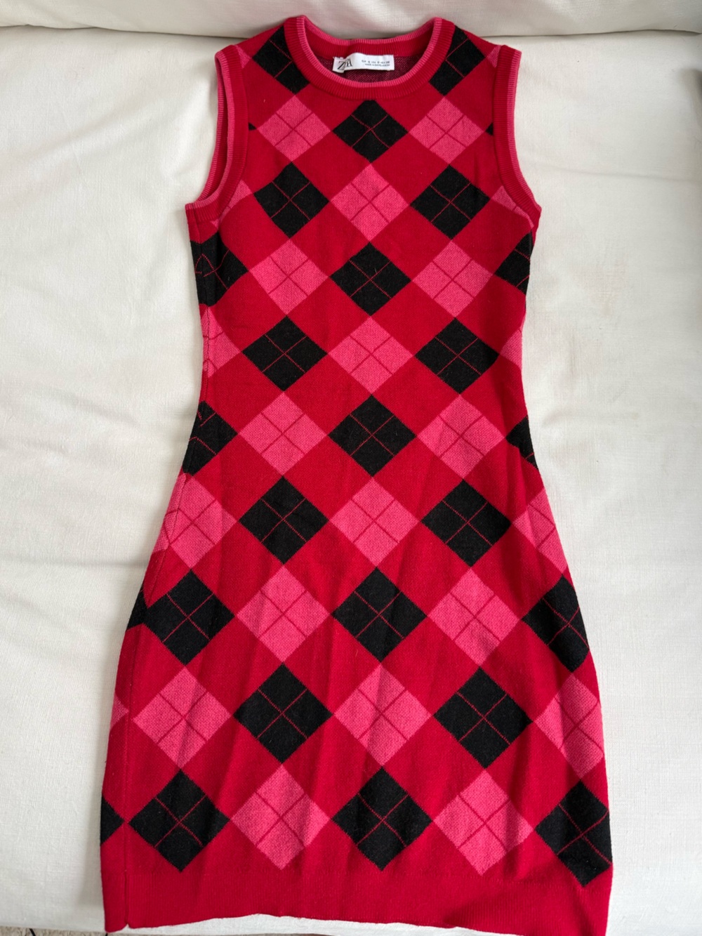 Zara Red and Pink Argyle Knit Sleeveless Dress